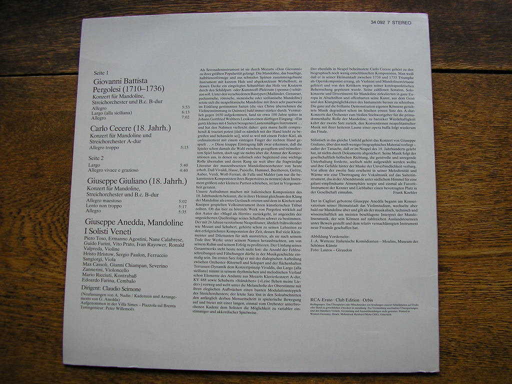 MANDOLIN CONCERTOS: PERGOLESI / GIULIANO / CECERE     ANEDDA / I SOLOISTI VENETI / SCIMIONE   340927