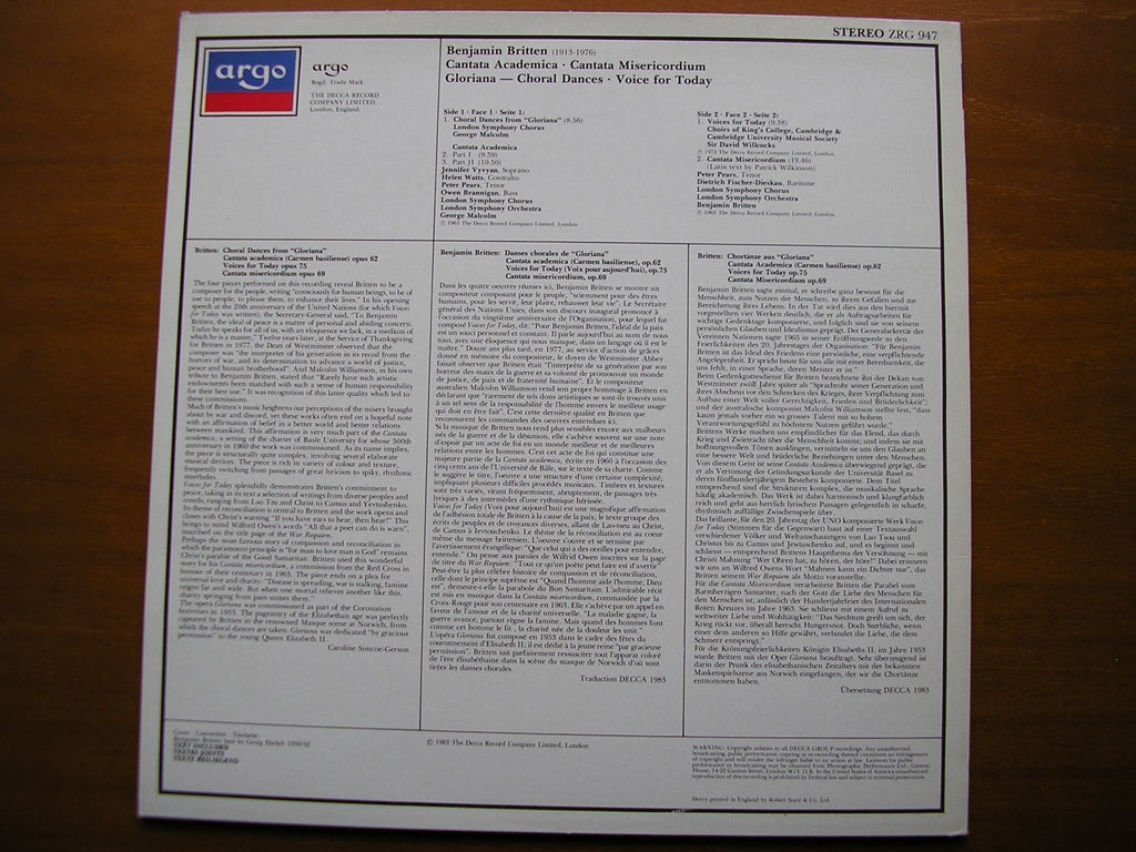 BRITTEN: CANTATA ACADEMICA / CANTATA MISERICORDIUM / GLORIANA      SOLOISTS / LSO / BRITTEN / MALCOLM      ZRG 947