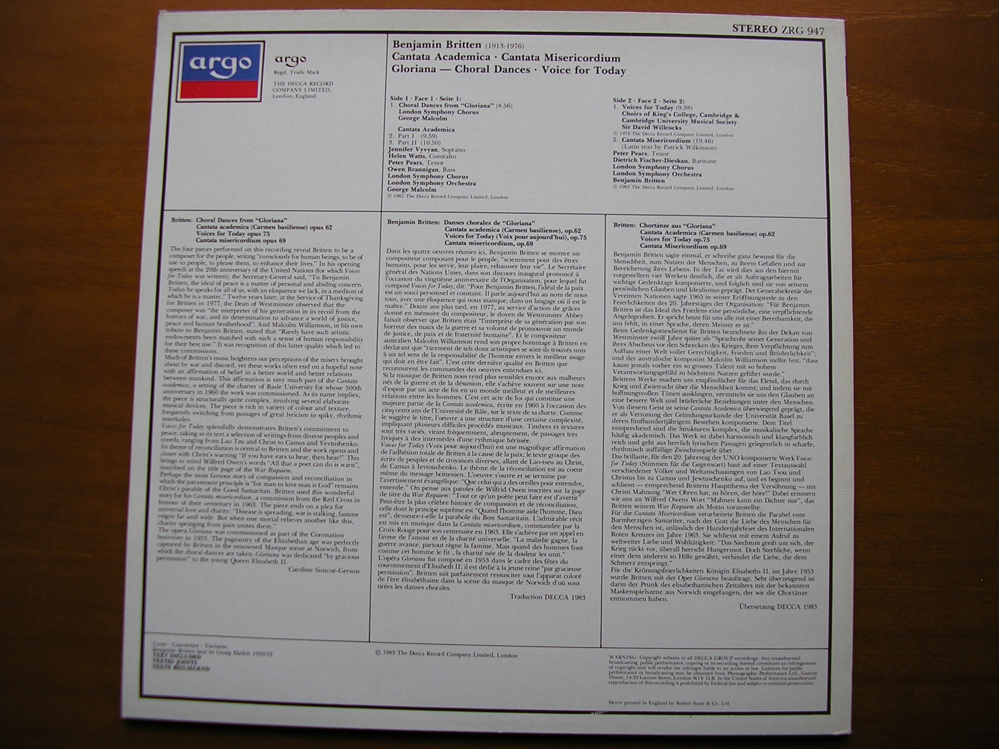 BRITTEN: CANTATA ACADEMICA / CANTATA MISERICORDIUM / GLORIANA      SOLOISTS / LSO / BRITTEN / MALCOLM      ZRG 947