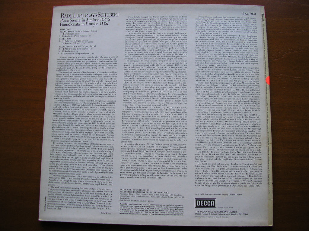 SXL 6931 SCHUBERT: PIANO SONATAS D.157 in E / D.845 in A LUPU