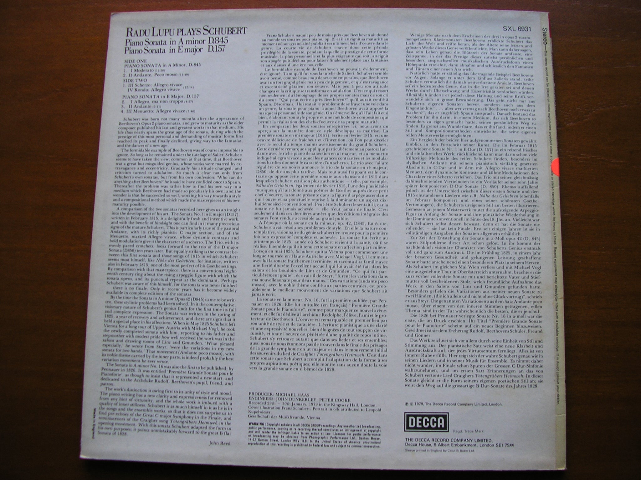 SXL 6931 SCHUBERT: PIANO SONATAS D.157 in E / D.845 in A LUPU