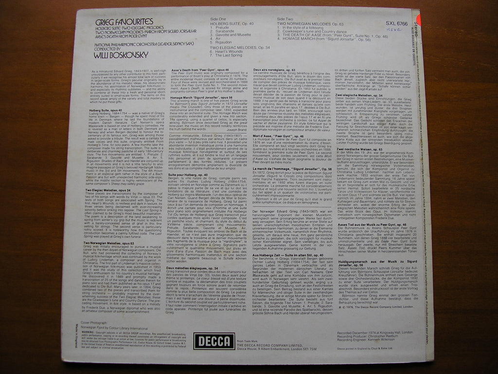 SXL 6766 GRIEG: HOLBERG SUITE / ELEGAIC MELODIES / NORWEGIAN MELODIES BOSKOVSKY / NATIONAL PHILHARMONIC test pressing