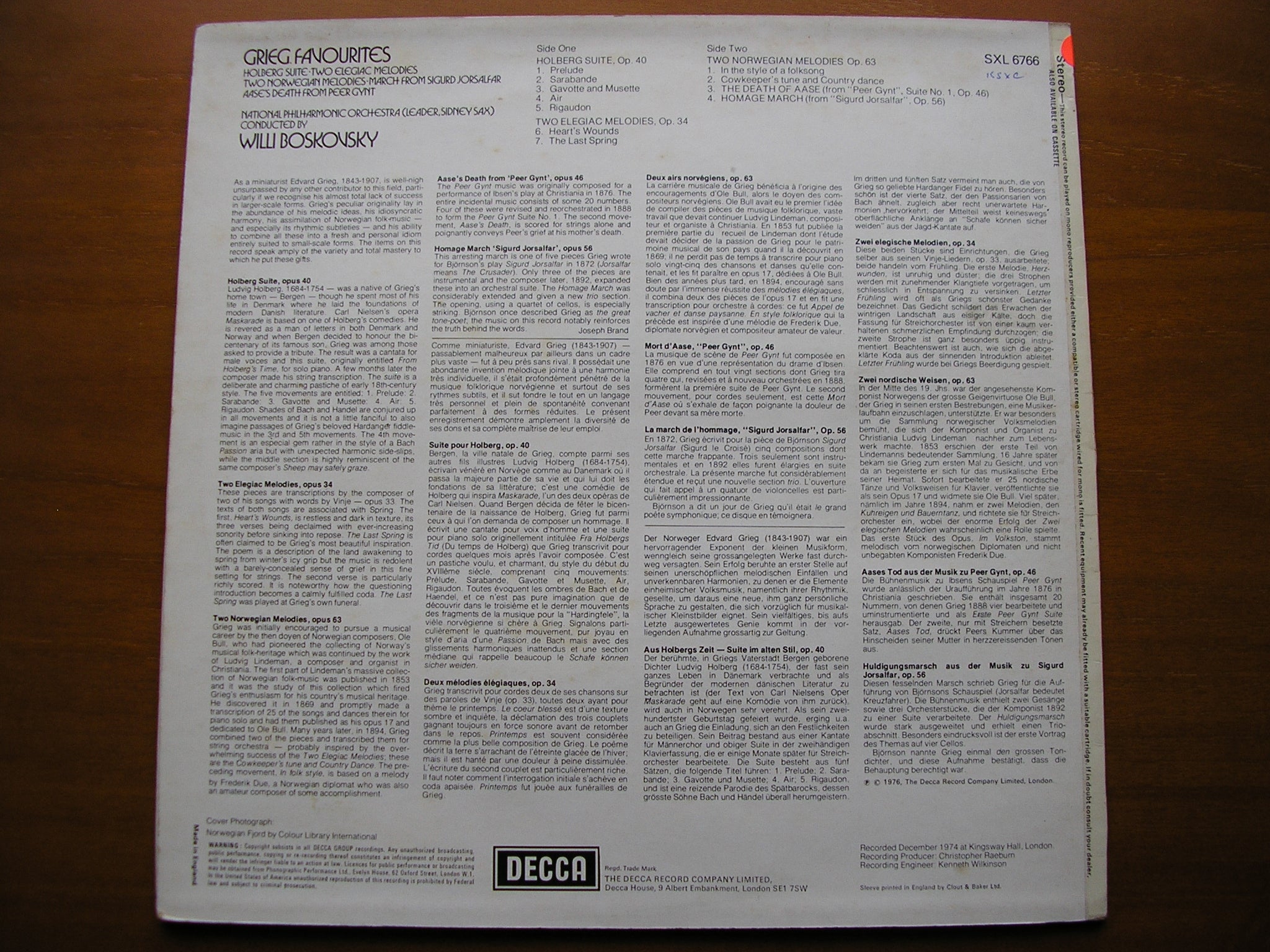 SXL 6766 GRIEG: HOLBERG SUITE / ELEGAIC MELODIES / NORWEGIAN MELODIES BOSKOVSKY / NATIONAL PHILHARMONIC test pressing
