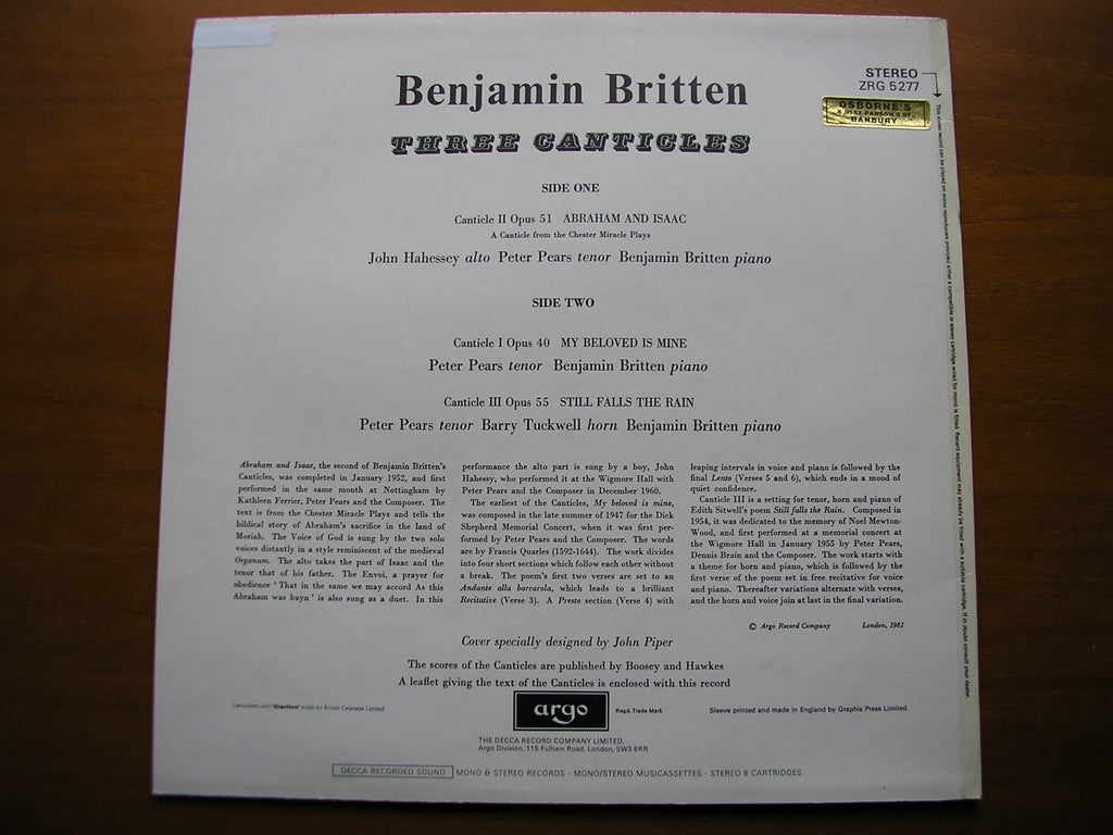 BRITTEN: THREE CANTICLES     PEARS / HAHESSEY / TUCKWELL / BRITTEN      ZRG 5277