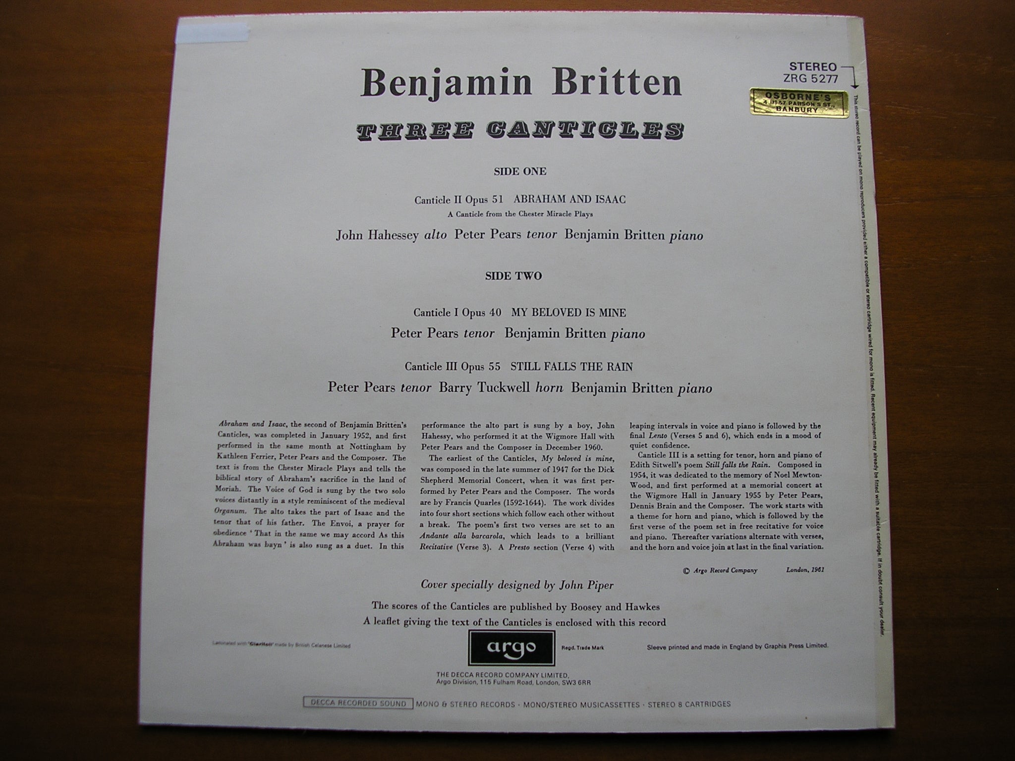 BRITTEN: THREE CANTICLES     PEARS / HAHESSEY / TUCKWELL / BRITTEN      ZRG 5277