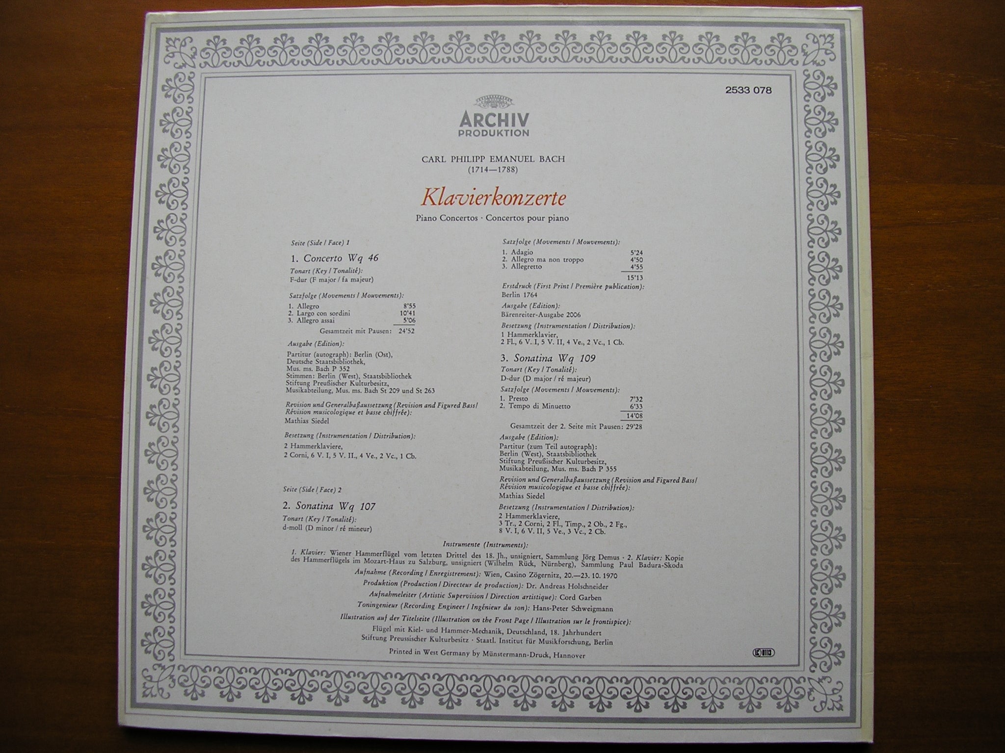 BACH CPE: PIANO CONCERTOS     INGEBORG & REIMER KUCHLER / CAPELLA ACADEMICA WIEN / MELKUS     2533 078
