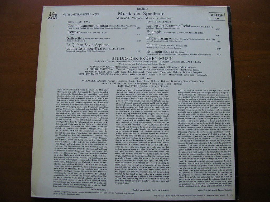 MUSIC OF THE MINSTRELS FROM THE 12th & 13th CENTURIES      THE STUDIO OF EARLY MUSIC / BINKLEY      6.41928