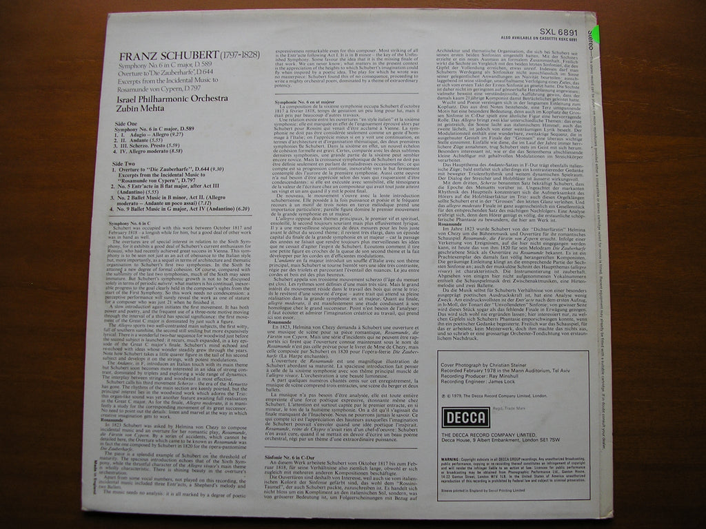 SXL 6891 SCHUBERT: SYMPHONY No. 6 / ROSAMUNDE MEHTA / ISRAEL PHILHARMONIC test pressing