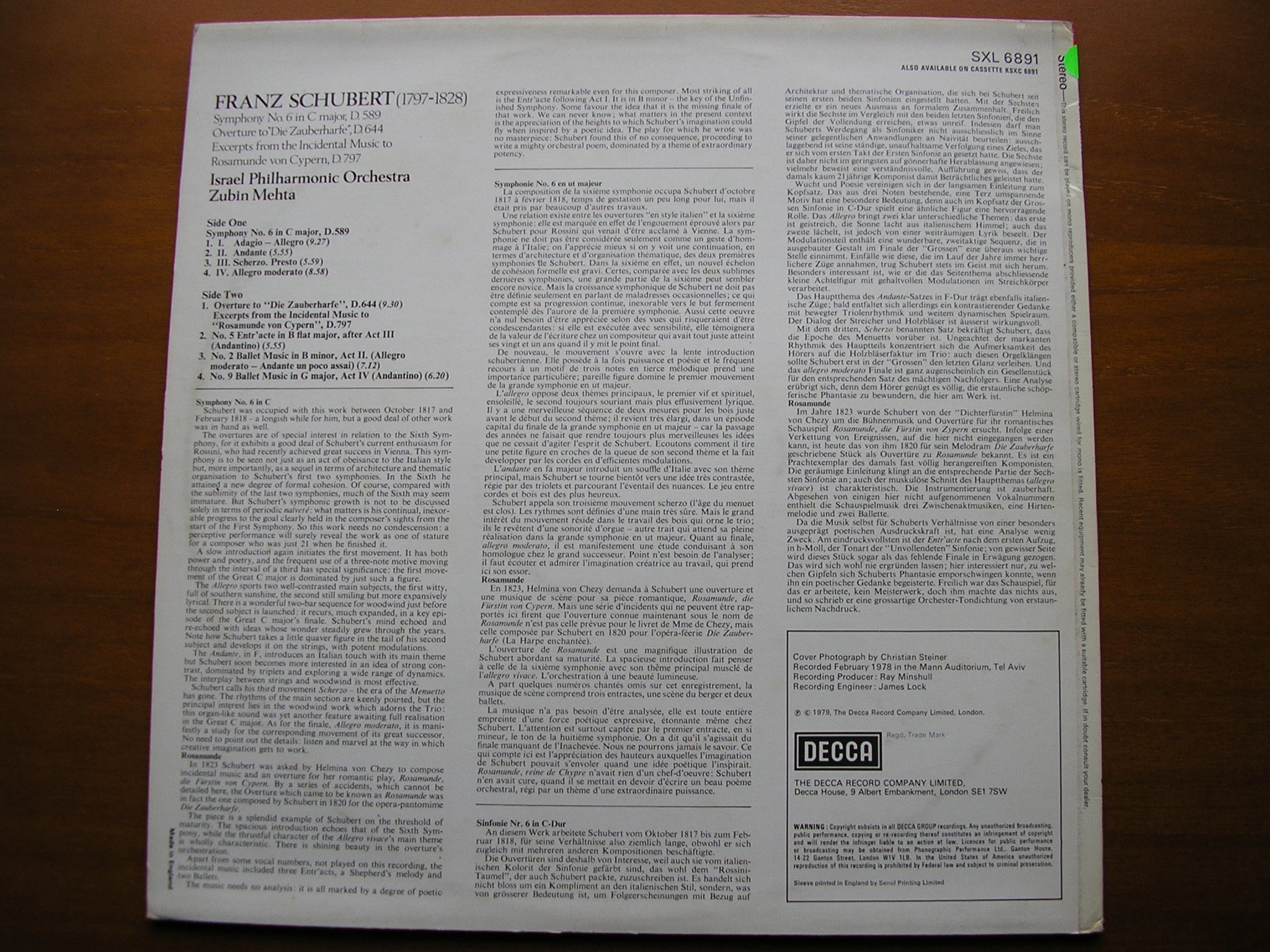 SXL 6891 SCHUBERT: SYMPHONY No. 6 / ROSAMUNDE MEHTA / ISRAEL PHILHARMONIC test pressing