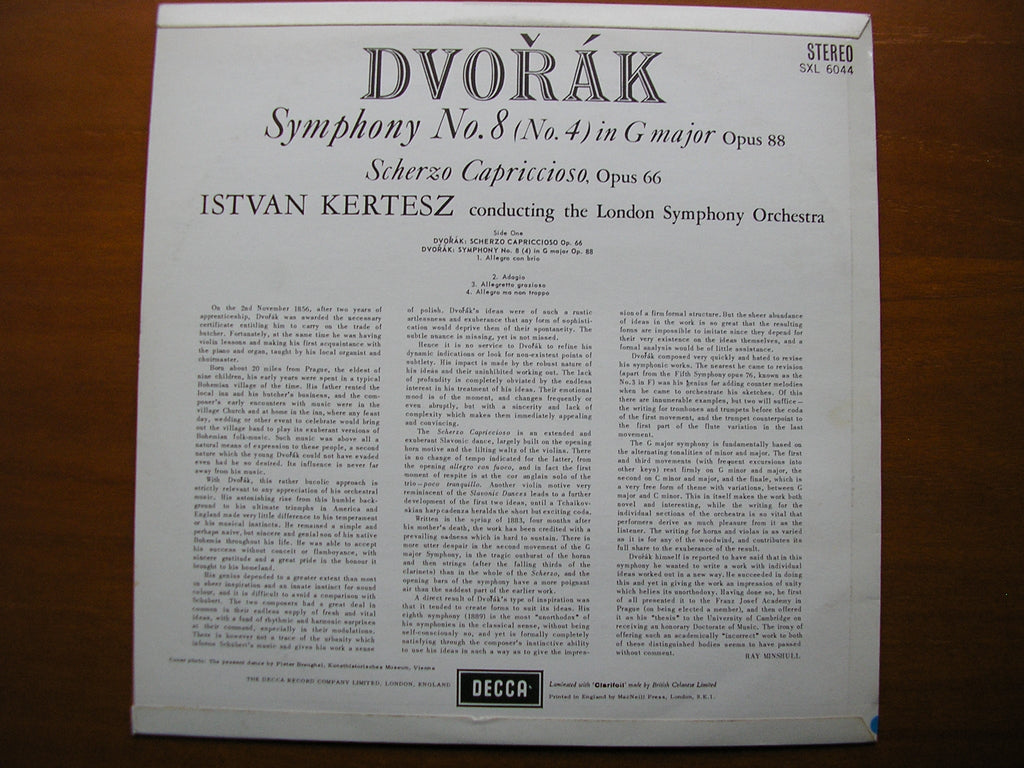 SXL 6044  DVORAK: SYMPHONY No. 8 / SCHERZO CAPRICCIOSO    KERTESZ / LONDON SYMPHONY     ED1
