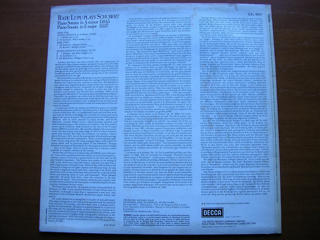 SXL 6931 SCHUBERT: PIANO SONATAS D.157 in E / D.845 in A LUPU