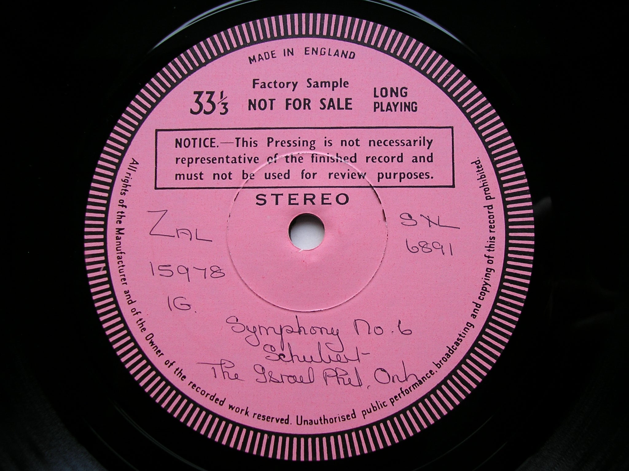 SXL 6891 SCHUBERT: SYMPHONY No. 6 / ROSAMUNDE MEHTA / ISRAEL PHILHARMONIC test pressing