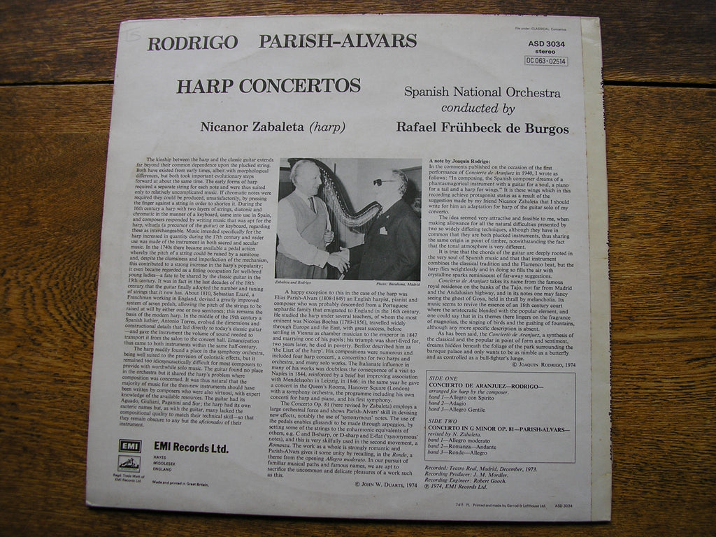 RODRIGO / PARISH - ALVARS: HARP CONCERTOS    ZABALETA / SPANISH NATIONAL ORCHESTRA / DE BURGOS   ASD 3034