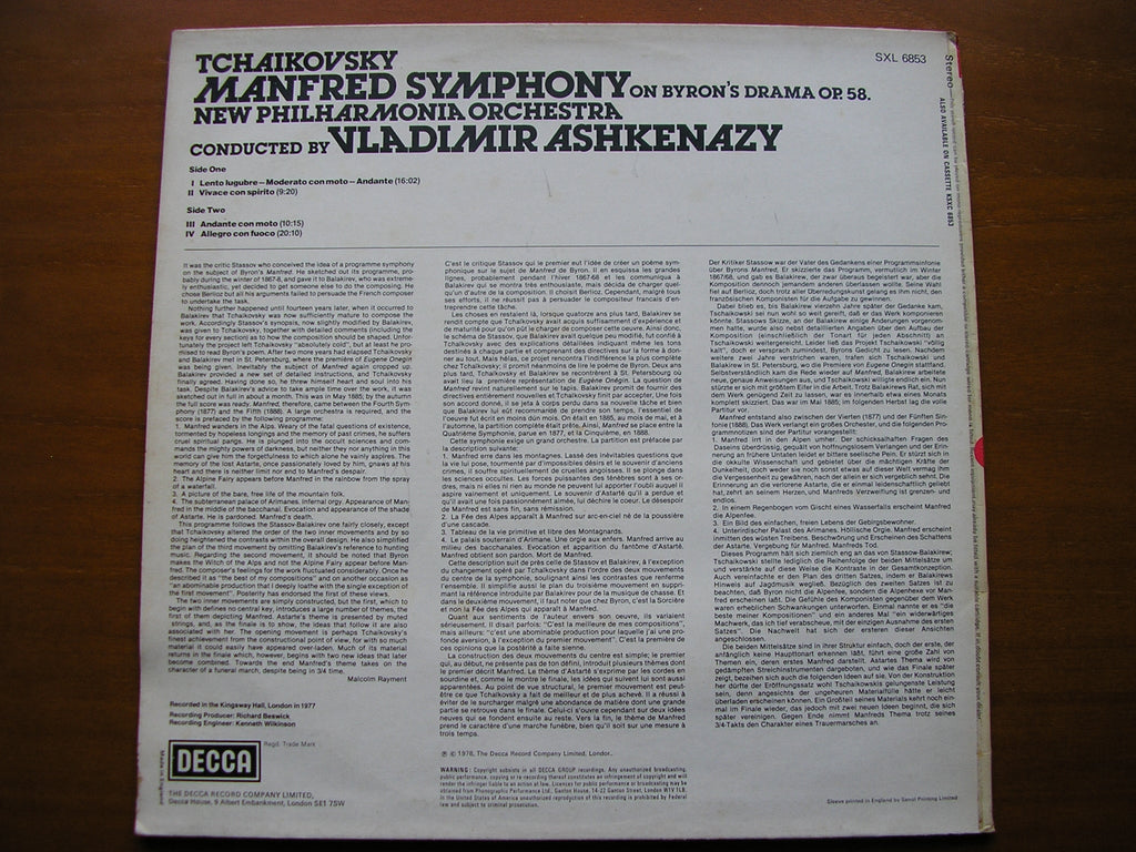 SXL 6853 TCHAIKOVSKY: MANFRED ASHKENAZY / NEW PHILHARMONIA test pressing