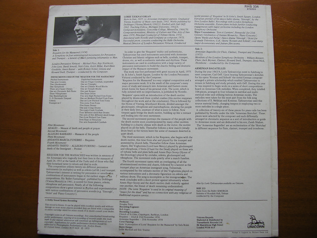 TJEKNAVORIAN: REQUIEM FOR THE MASSACRED / ARMENIAN BAGATELLES      LONDON PERCUSSION VIRTUOSI / TJEKNAVORIAN     RHS 334