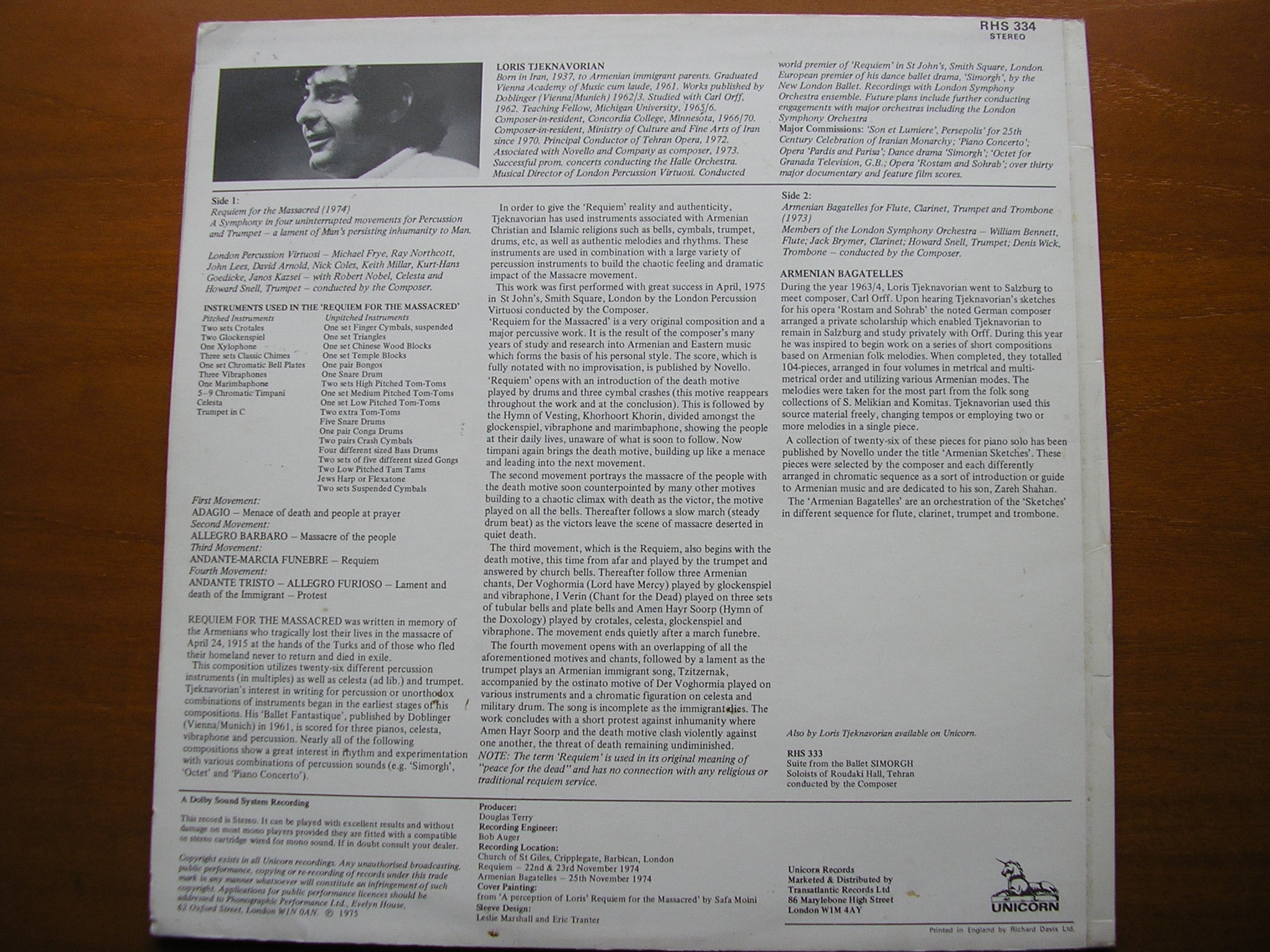 TJEKNAVORIAN: REQUIEM FOR THE MASSACRED / ARMENIAN BAGATELLES      LONDON PERCUSSION VIRTUOSI / TJEKNAVORIAN     RHS 334