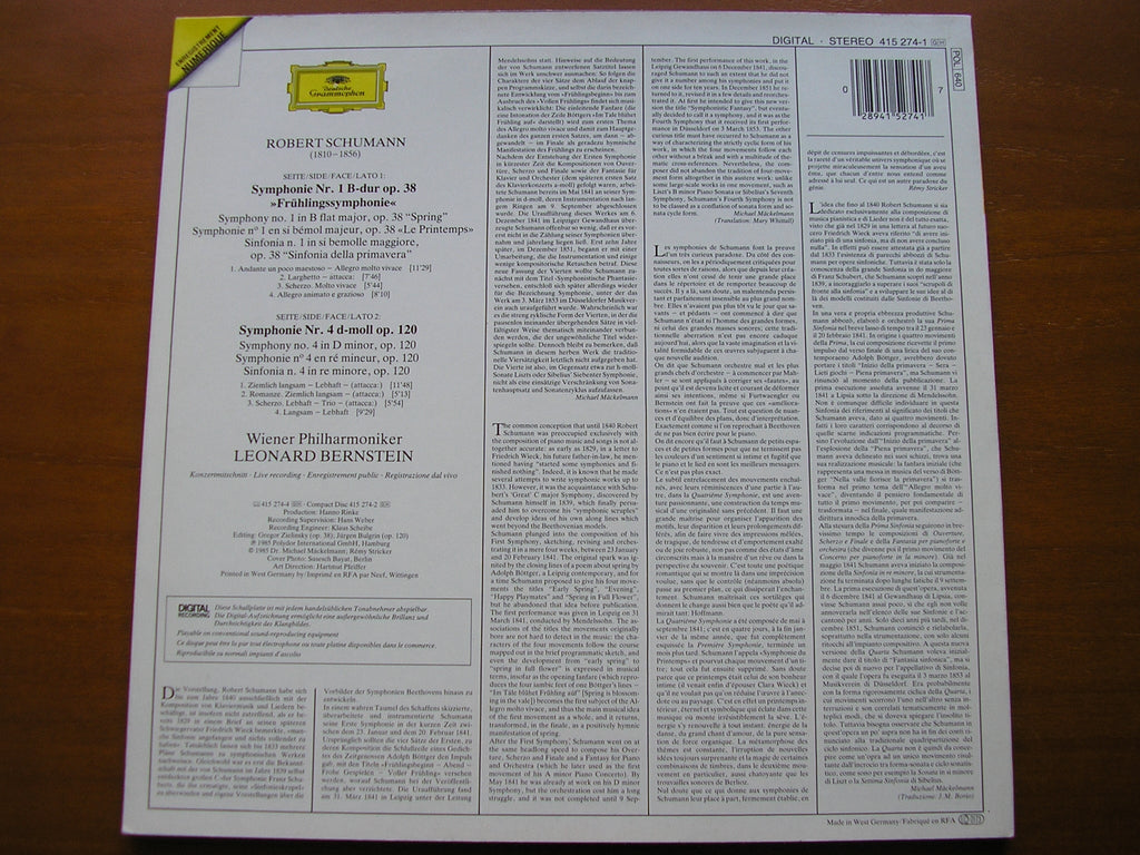 SCHUMANN: SYMPHONIES Nos. 1 & 4     BERNSTEIN / VIENNA PHILHARMONIC    415 274