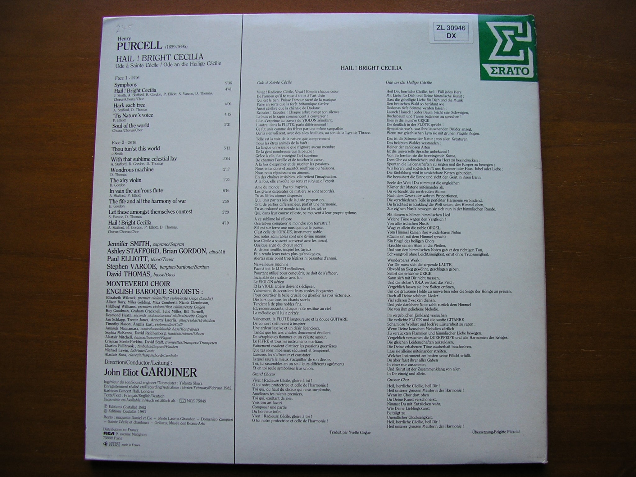 PURCELL: HAIL! BRIGHT CECILIA    SOLOISTS / MONTEVERDI CHOIR / ENGLISH BAROQUE SOLOISTS / GARDINER     NUM 75049