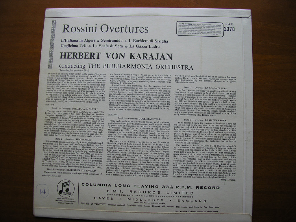 ROSSINI: SIX OVERTURES       KARAJAN / PHILHARMONIA     SAX 2378