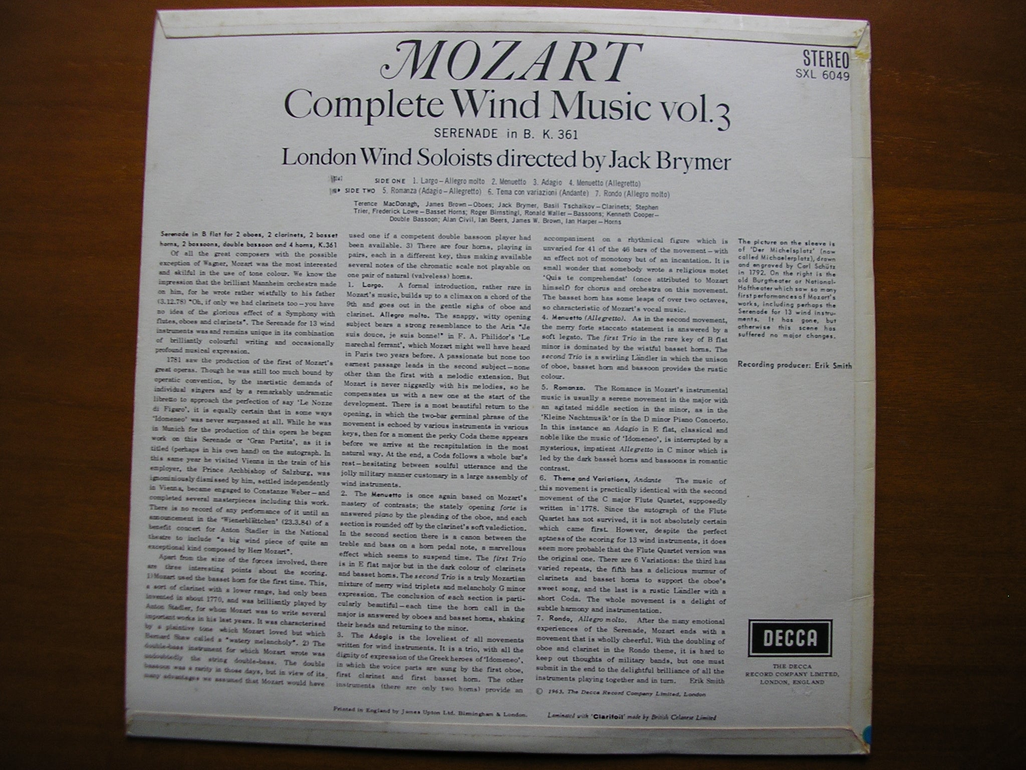 SXL 6049  MOZART: COMPLETE WIND MUSIC Volume 3     BRYMER / LONDON WIND SOLOISTS      ED1