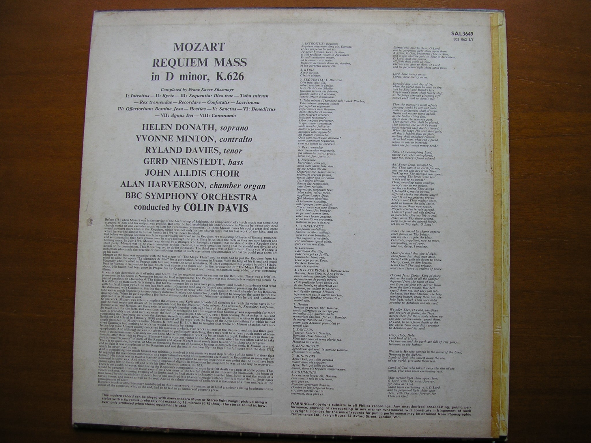 MOZART: REQUIEM     SOLOISTS / BBC SYMPHONY / DAVIS     SAL 3649