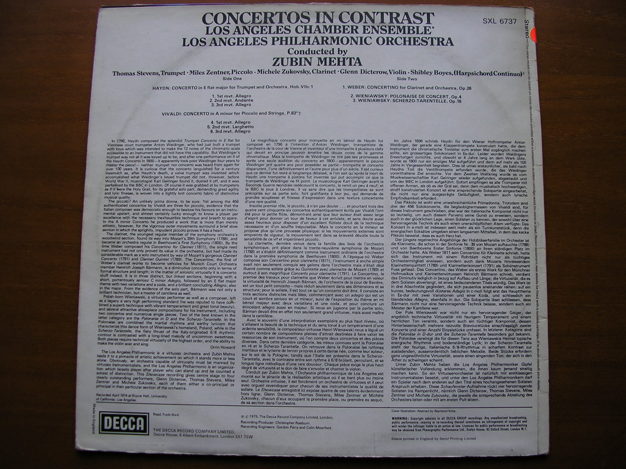 SXL 6737 CONCERTOS: HAYDN / WEBER / VIVALDI / WIENIAWSKI SOLOISTS / LOS ANGELES PHILHARMONIC test pressing