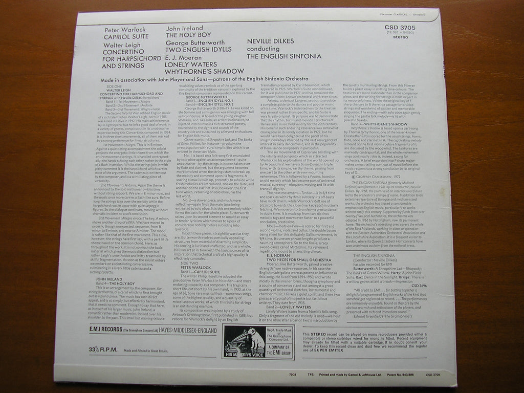 WARLOCK / MOERAN / IRELAND / BUTTERWORTH / LEIGH: ORCHESTRAL WORKS    ENGLISH SINFONIA / DILKES     CSD 3705