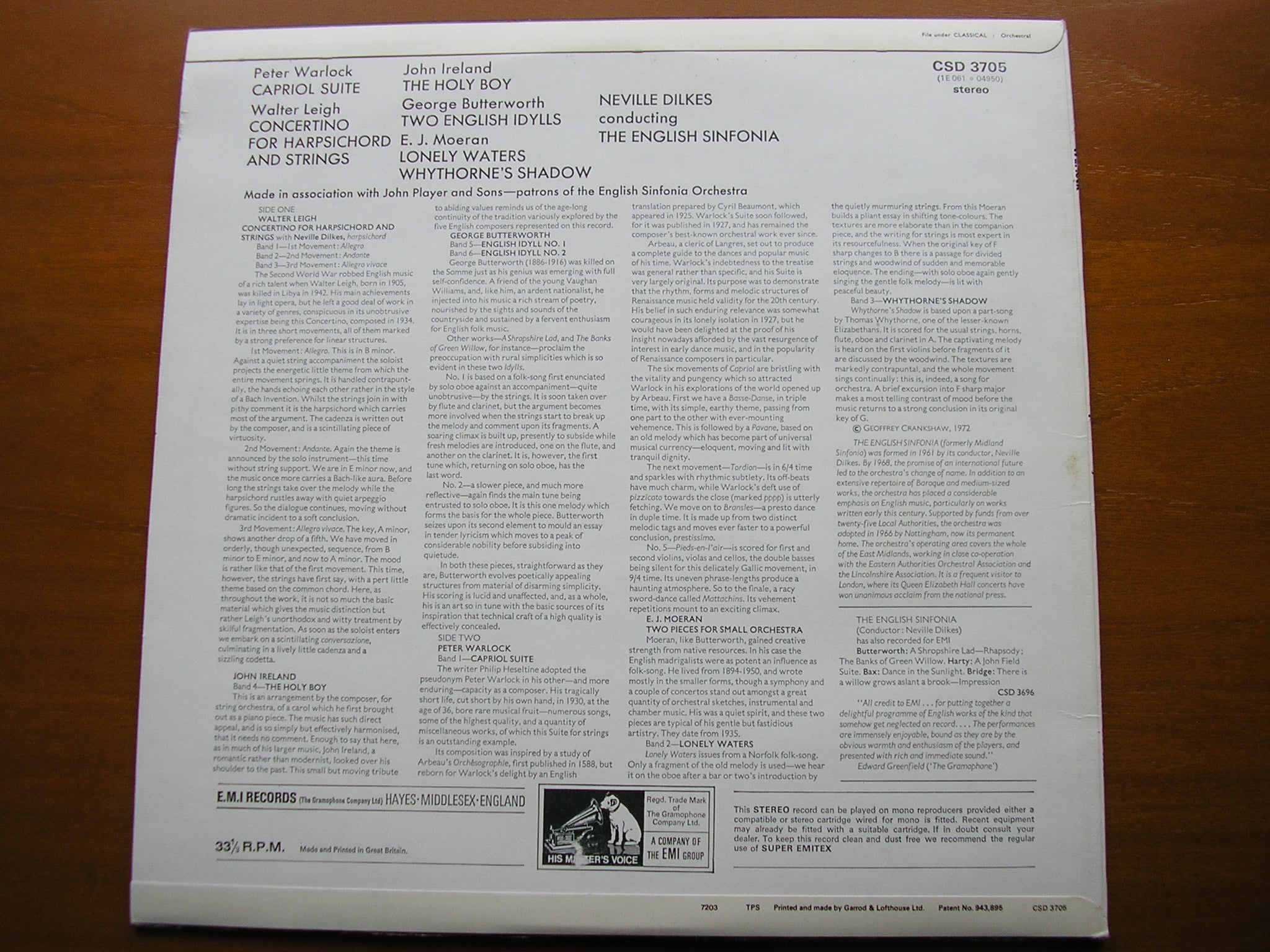WARLOCK / MOERAN / IRELAND / BUTTERWORTH / LEIGH: ORCHESTRAL WORKS    ENGLISH SINFONIA / DILKES     CSD 3705