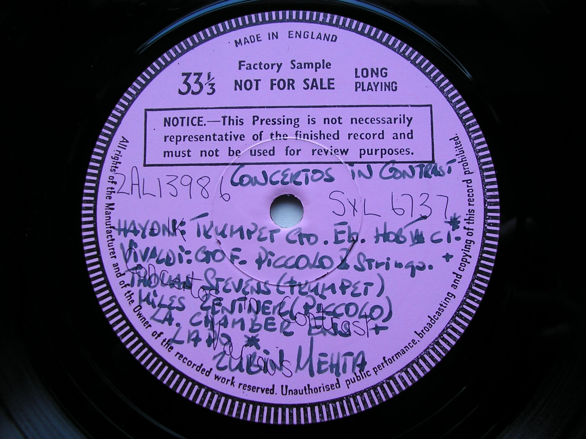 SXL 6737 CONCERTOS: HAYDN / WEBER / VIVALDI / WIENIAWSKI SOLOISTS / LOS ANGELES PHILHARMONIC test pressing