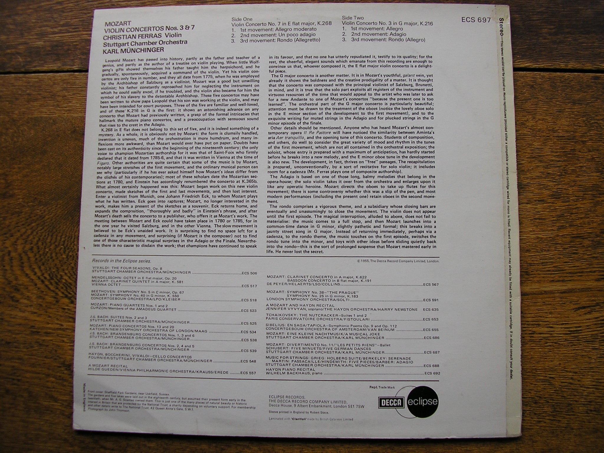 MOZART: VIOLIN CONCERTOS Nos. 3 & 7    FERRAS / STUTTGART CHAMBER ORCHESTRA / MUNCHINGER   ECS  697