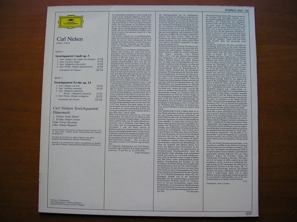 NIELSEN: STRING QUARTETS in F  Op. 5 / in E  Op. 14      CARL NIELSEN STRING QUARTET DENMARK    2531 135