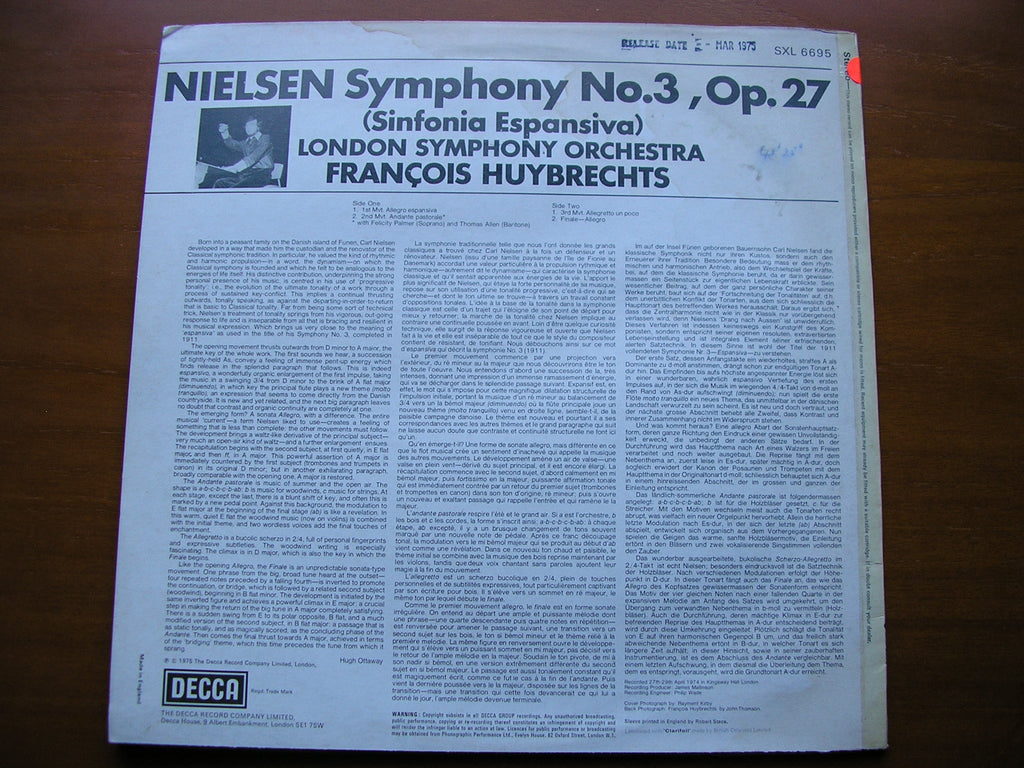 SXL 6695 NIELSEN: SYMPHONY No. 3 Sinfonia Espansiva HUYBRECHTS / LONDON SYMPHONY test pressing