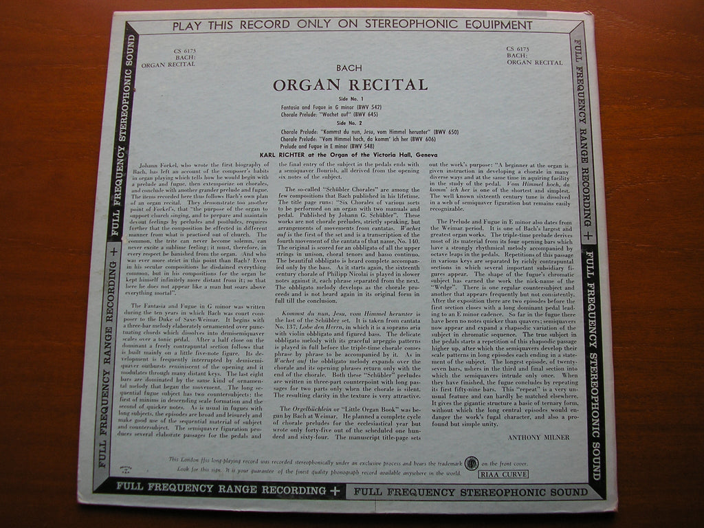 BACH ORGAN MUSIC     KARL RICHTER     CS 6173