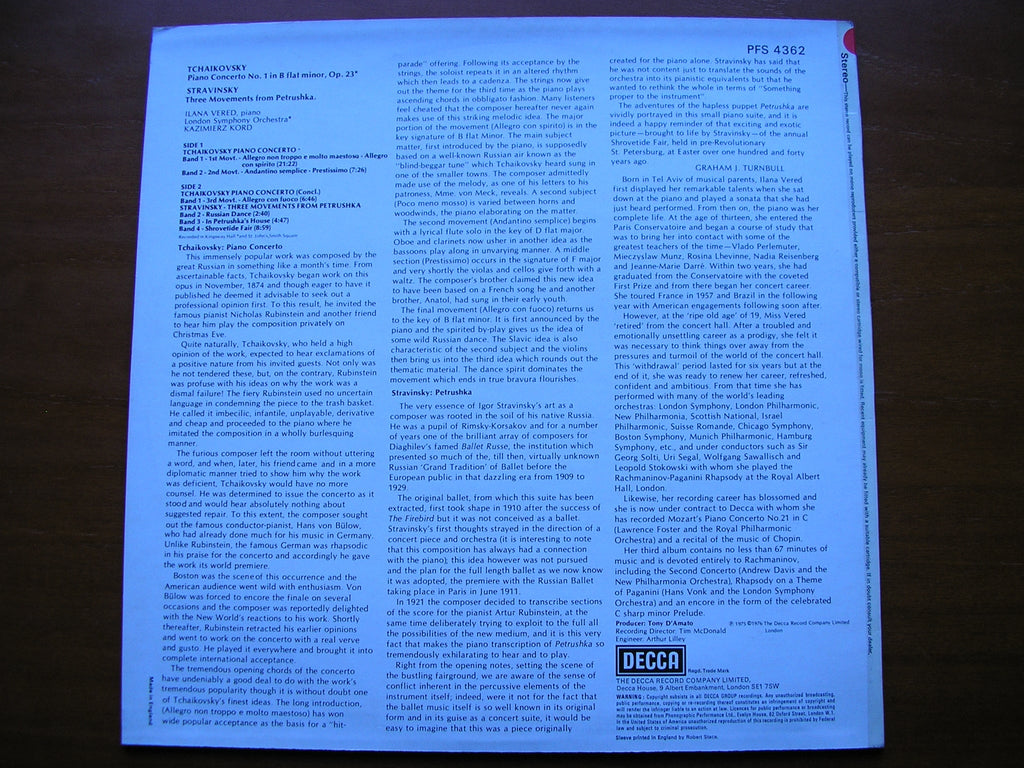 TCHAIKOVSKY: PIANO CONCERTO No. 1 / STRAVINSKY: 3 pieces from PETRUSHKA     VERED / LONDON SYMPHONY / KORD    test pressing     PFS 4362