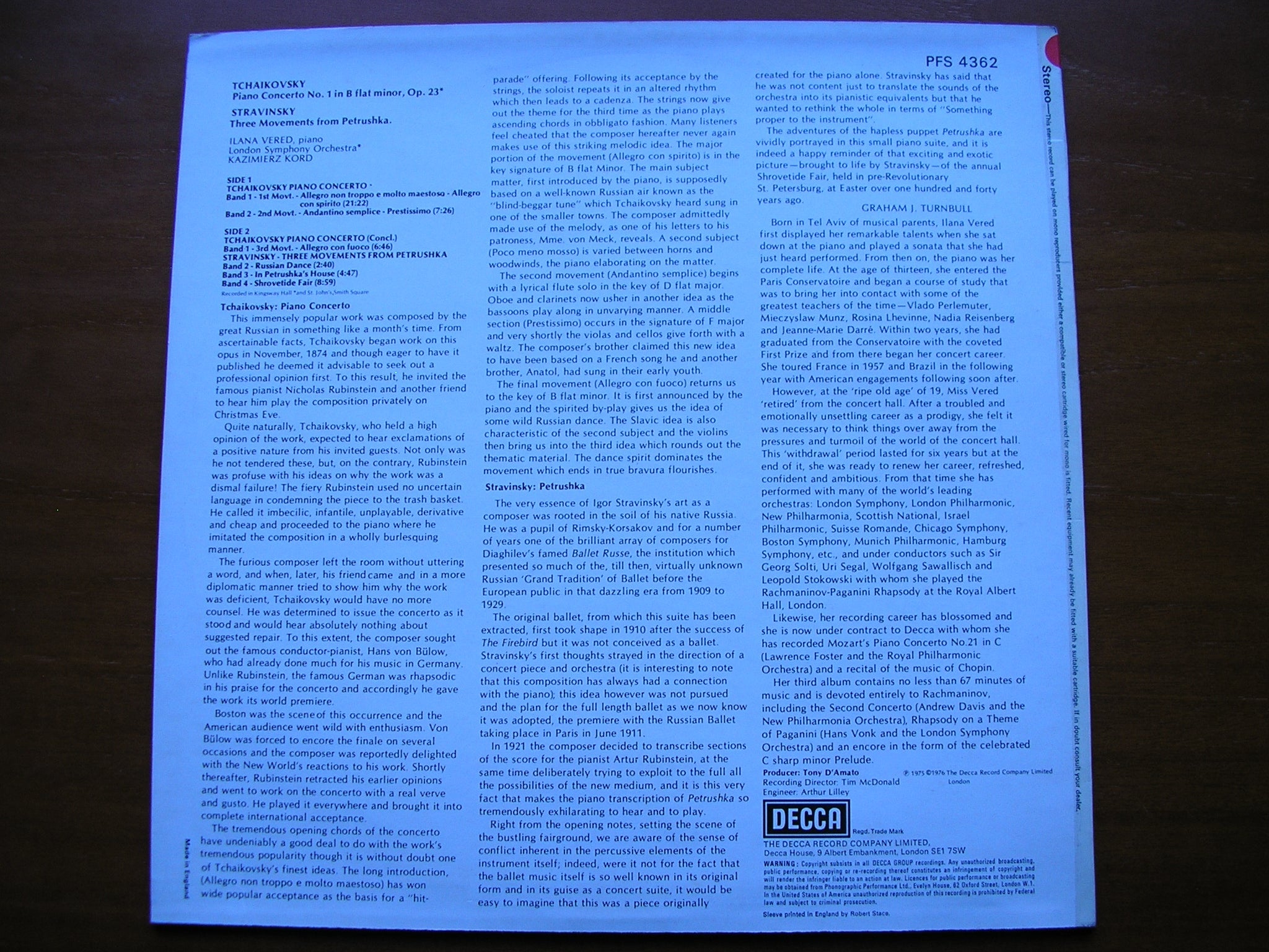 TCHAIKOVSKY: PIANO CONCERTO No. 1 / STRAVINSKY: 3 pieces from PETRUSHKA     VERED / LONDON SYMPHONY / KORD    test pressing     PFS 4362