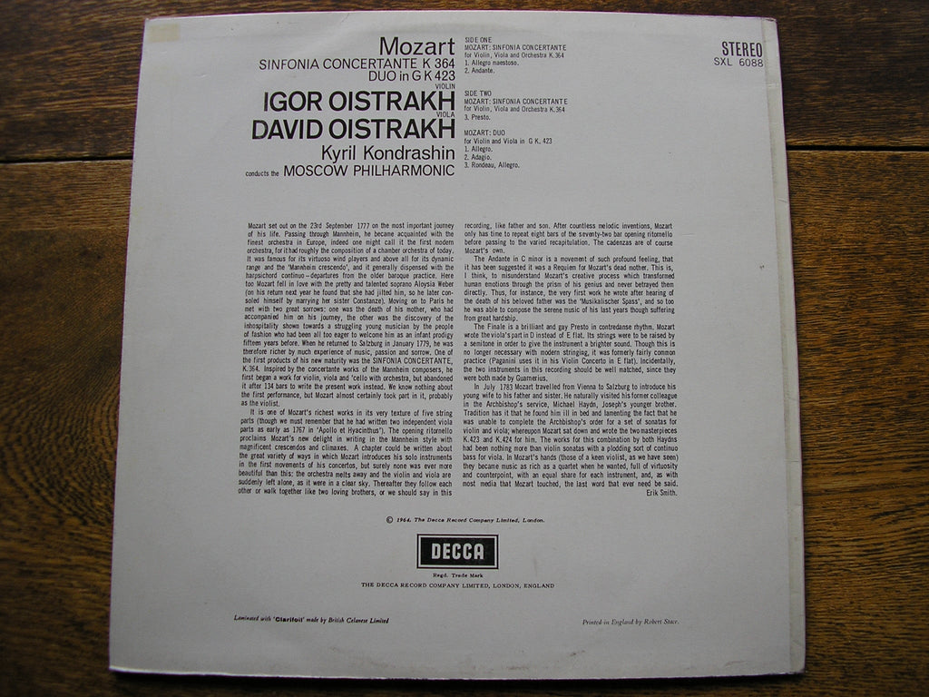 SXL 6088  MOZART: SINFONIA CONCERTANTE K364 DAVID & IGOR OISTRAKH / MOSCOW PHILHARMONIC / KONDRASHIN       ED2