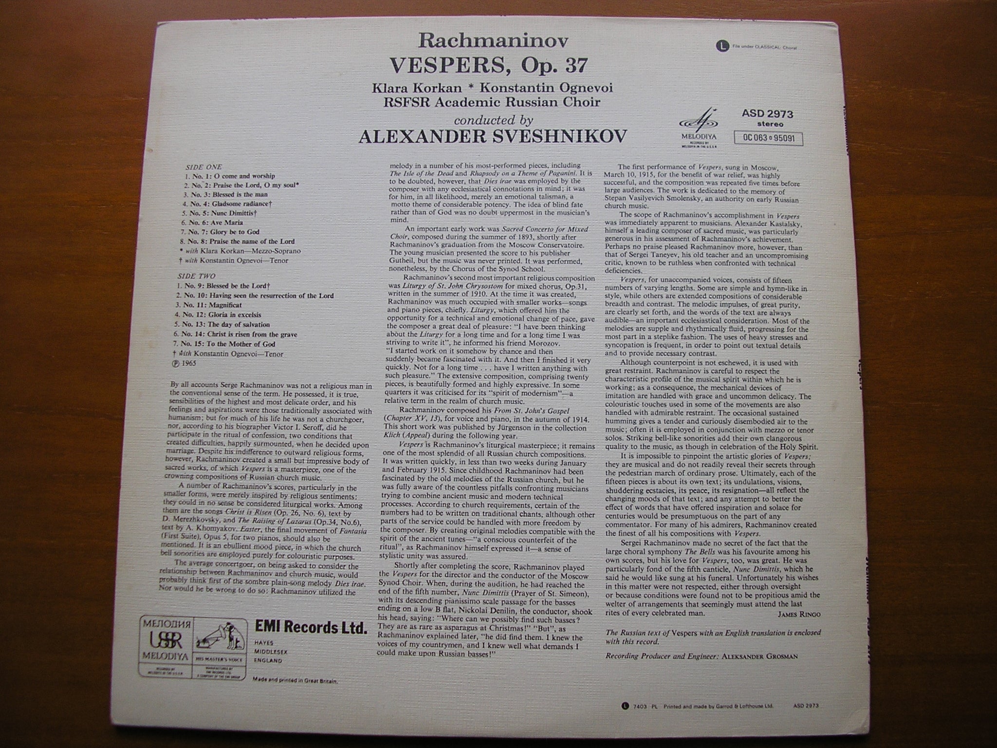 RACHMANINOV: VESPERS Op.37     KORKAN / OGNEVOI / USSR RUSSIAN CHORUS / SVESHNIKOV      ASD 2973