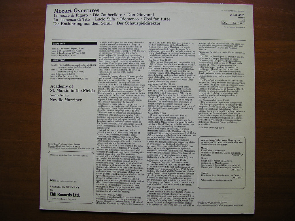 MOZART: NINE OVERTURES      MARRINER / ACADEMY OF ST MARTIN IN THE FIELDS     ASD 4101