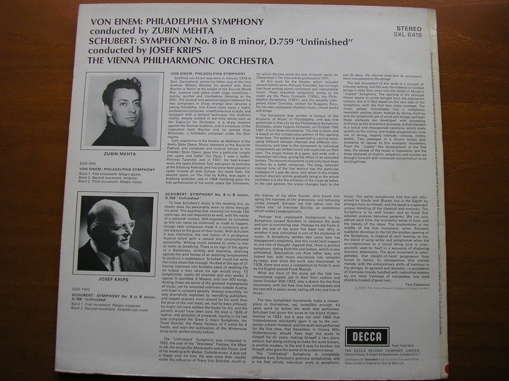 SXL 6418 VON EINEM: PHILHADELPHIA SYMPHONY / SCHUBERT: UNFINISHED SYMPHONY KRIPS / VIENNA PHILHARMONIC