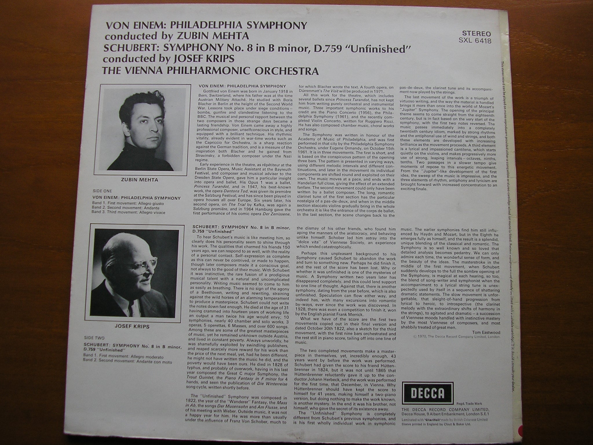 SXL 6418 VON EINEM: PHILHADELPHIA SYMPHONY / SCHUBERT: UNFINISHED SYMPHONY KRIPS / VIENNA PHILHARMONIC