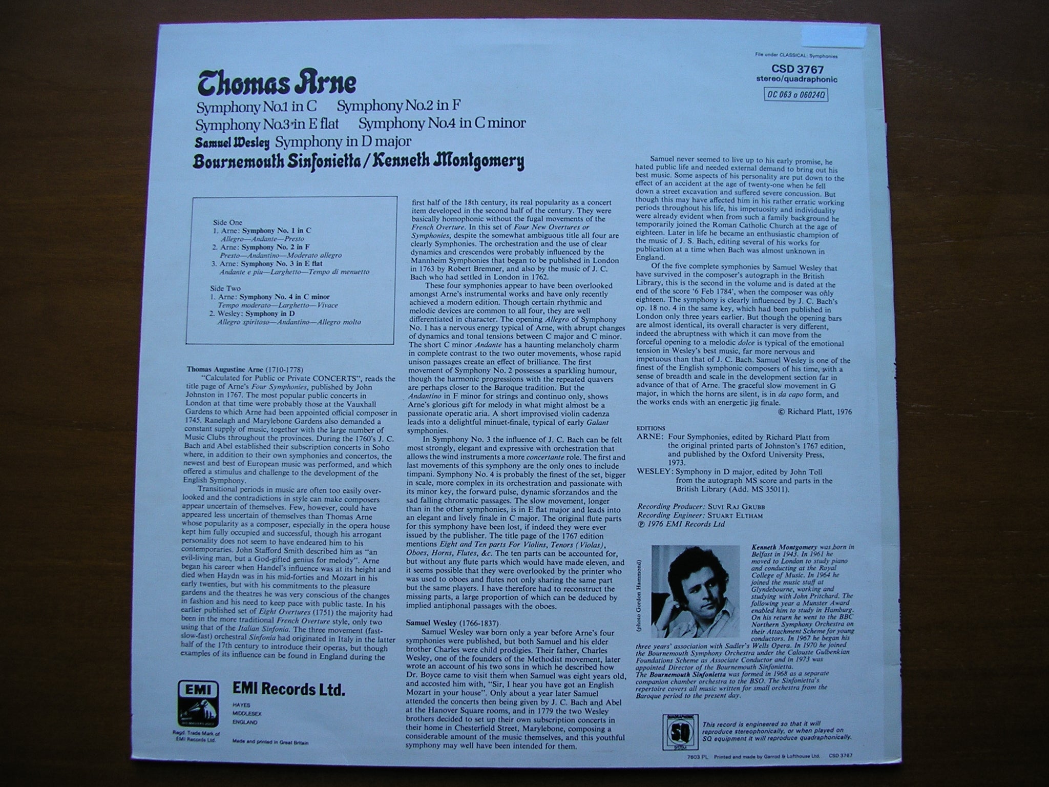 ARNE: FOUR SYMPHONIES / WESLEY: SYMPHONY in D      MONTGOMERY / BOURNEMOUTH SINFONIETTA    CSD 3767
