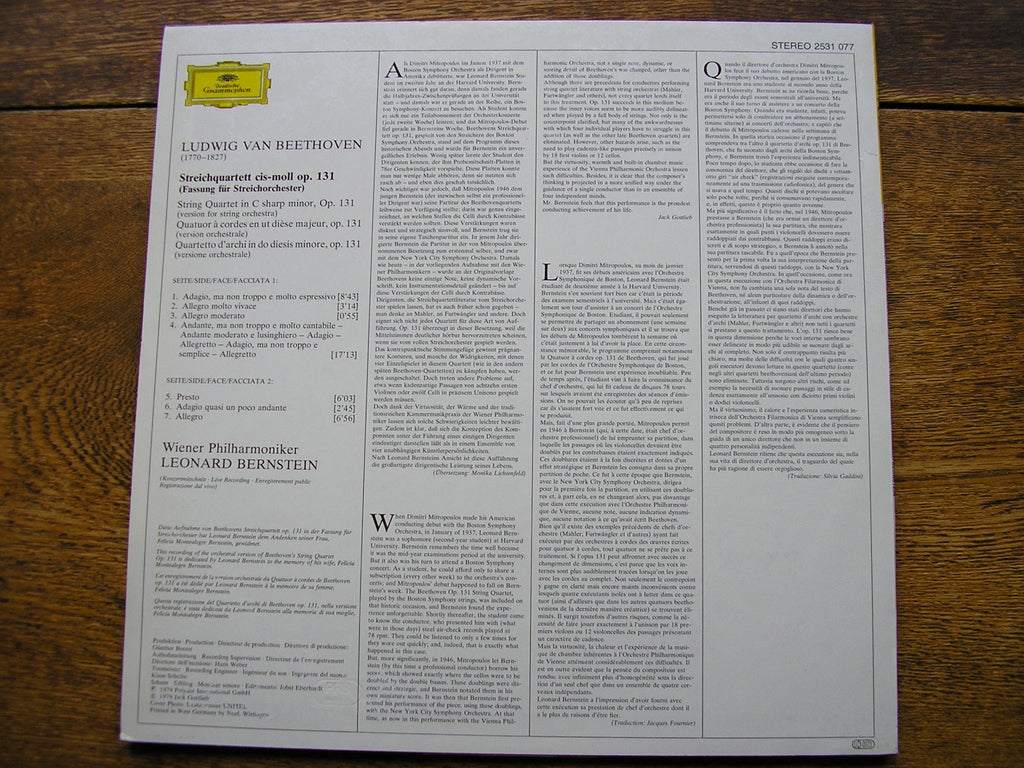 BEETHOVEN: QUARTET Op. 131 VERSION FOR STRING ORCHESTRA    BERNSTEIN / VIENNA PHILHARMONIC   2531 077