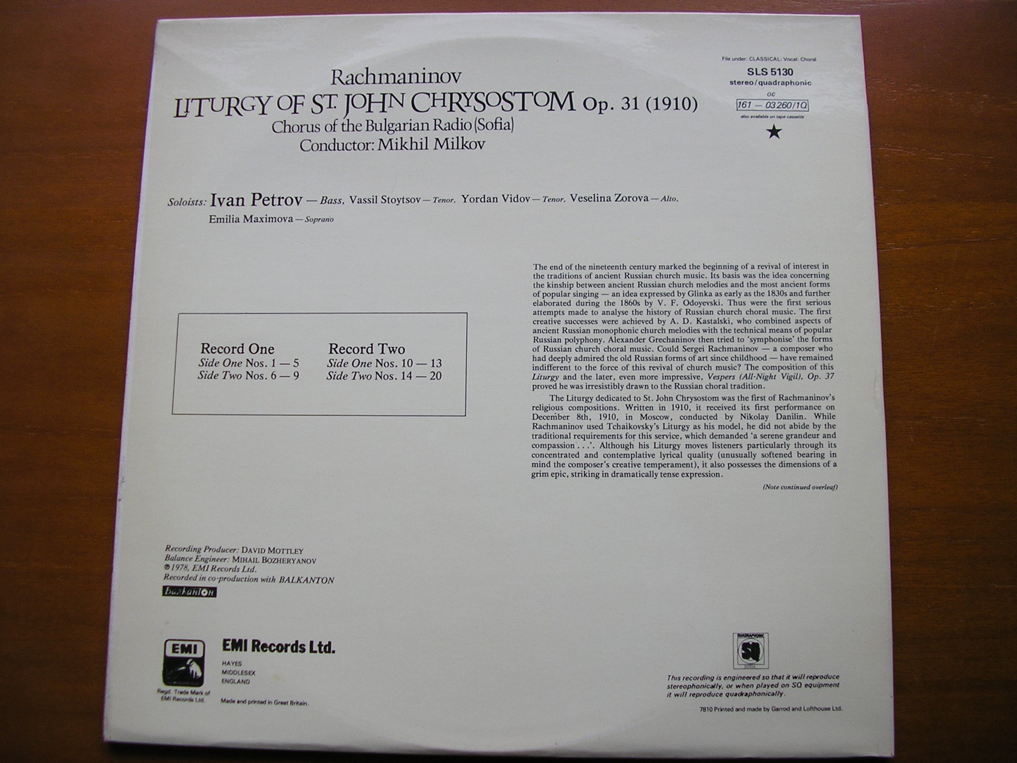 RACHMANINOV: LITURGY OF ST JOHN CHRYSOSTOM  Op. 31    SOLOISTS / CHORUS OF BULGARIAN RADIO / MILKOV  2LP    SLS 5130