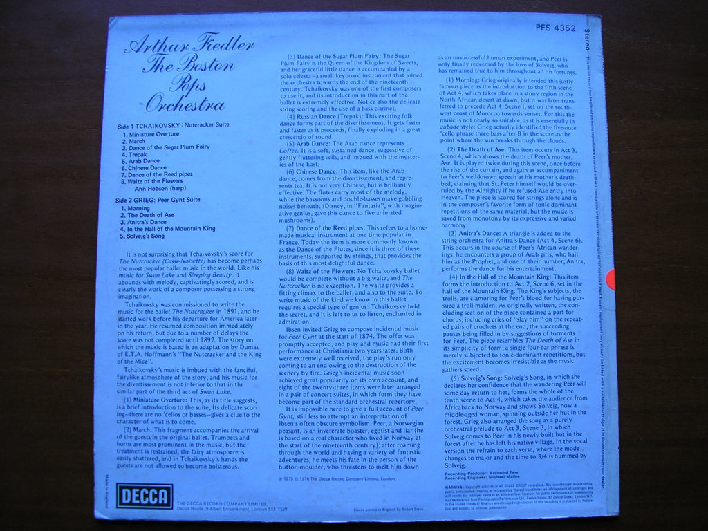 TCHAIKOVSKY: NUTCRACKER SUITE / GRIEG: PEER GYNT SUITE     FIEDLER / BOSTON POPS    test pressing     PFS 4352