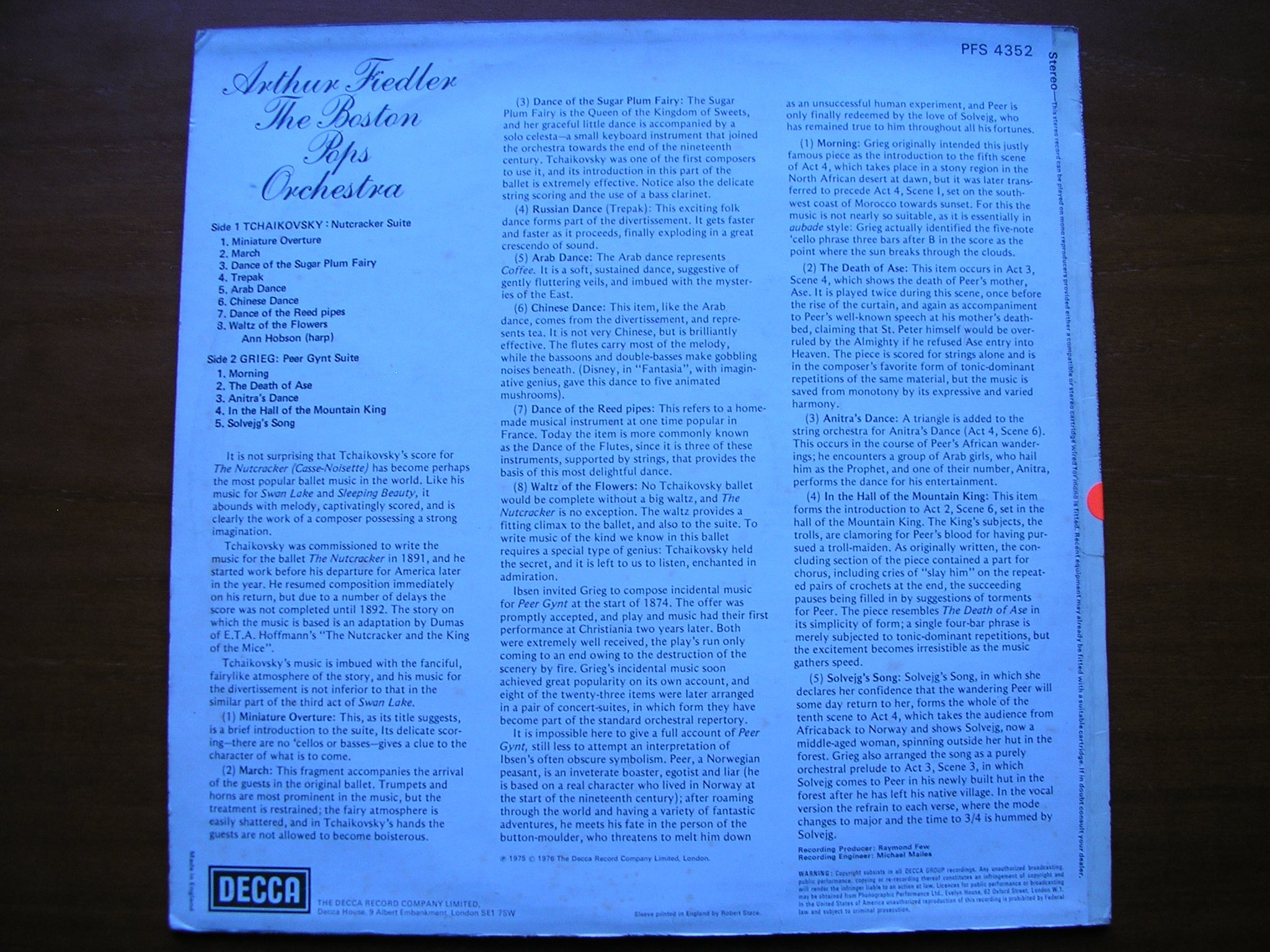 TCHAIKOVSKY: NUTCRACKER SUITE / GRIEG: PEER GYNT SUITE     FIEDLER / BOSTON POPS    test pressing     PFS 4352