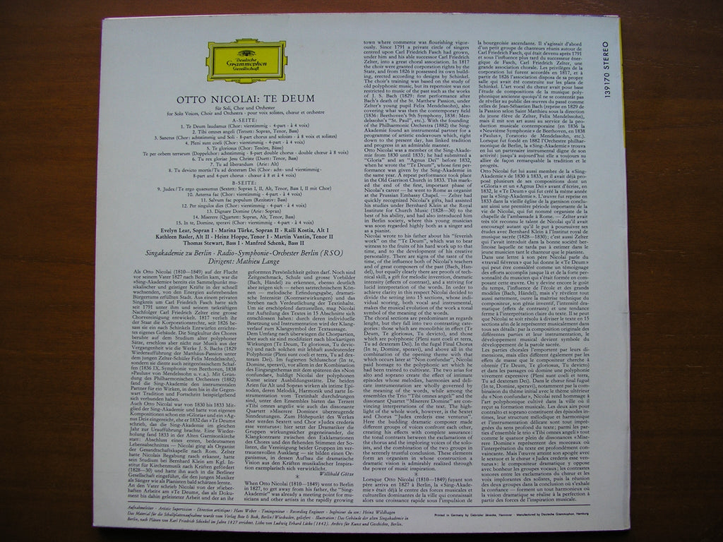 NICOLAI: TE DEUM    SOLOISTS / SINGAKADEMIE OF BERLIN / BERLIN RADIO SYMPHONY / LANGE    139 170
