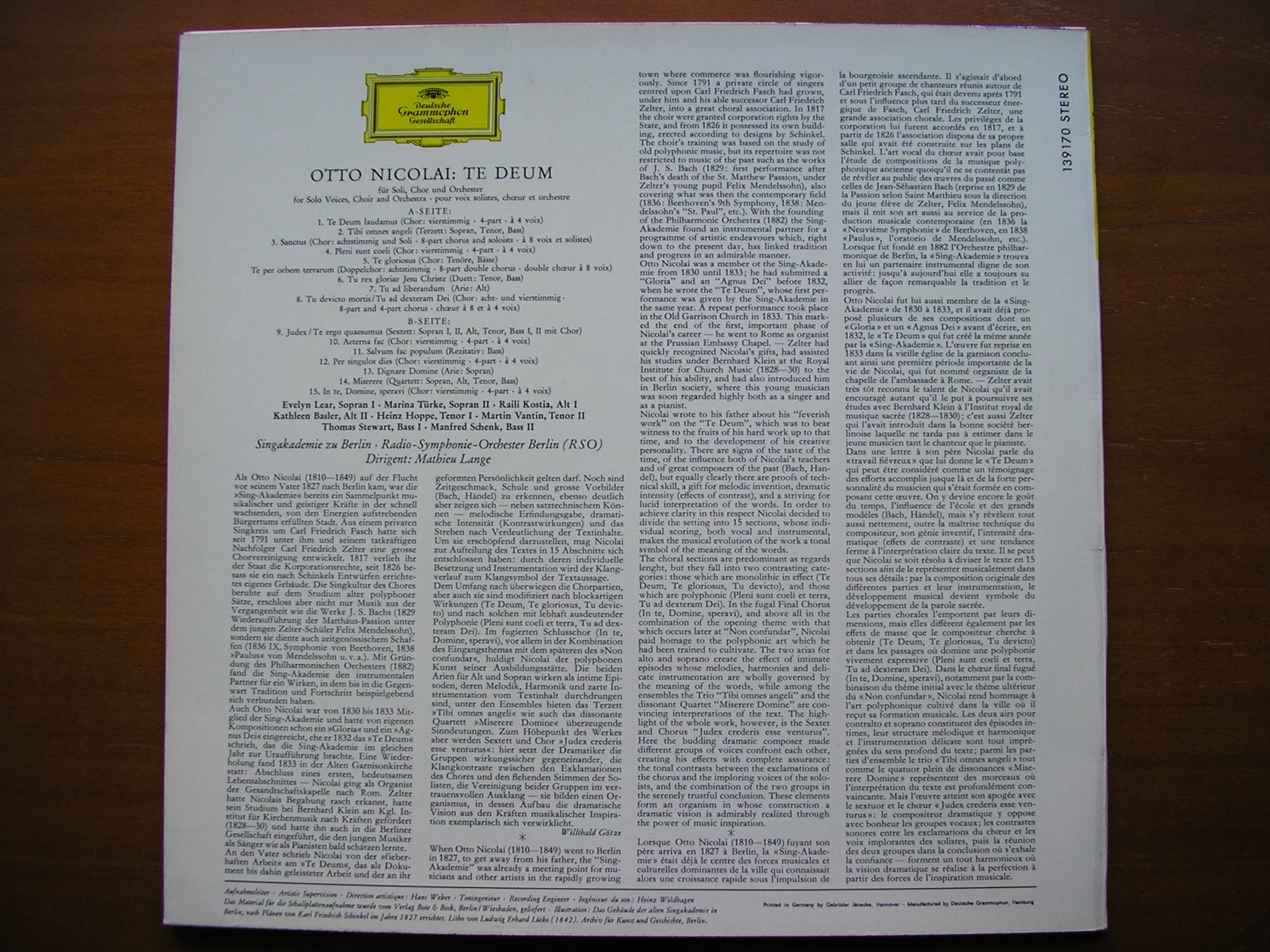 NICOLAI: TE DEUM    SOLOISTS / SINGAKADEMIE OF BERLIN / BERLIN RADIO SYMPHONY / LANGE    139 170