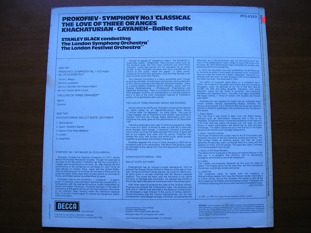 PROKOFIEV: CLASSICAL SYMPHONY / KHACHATURIAN: GAYANEH excerpts      BLACK / LONDON SYMPHONY / LONDON FESTIVAL ORCHESTRA   test pressing      PFS 4349