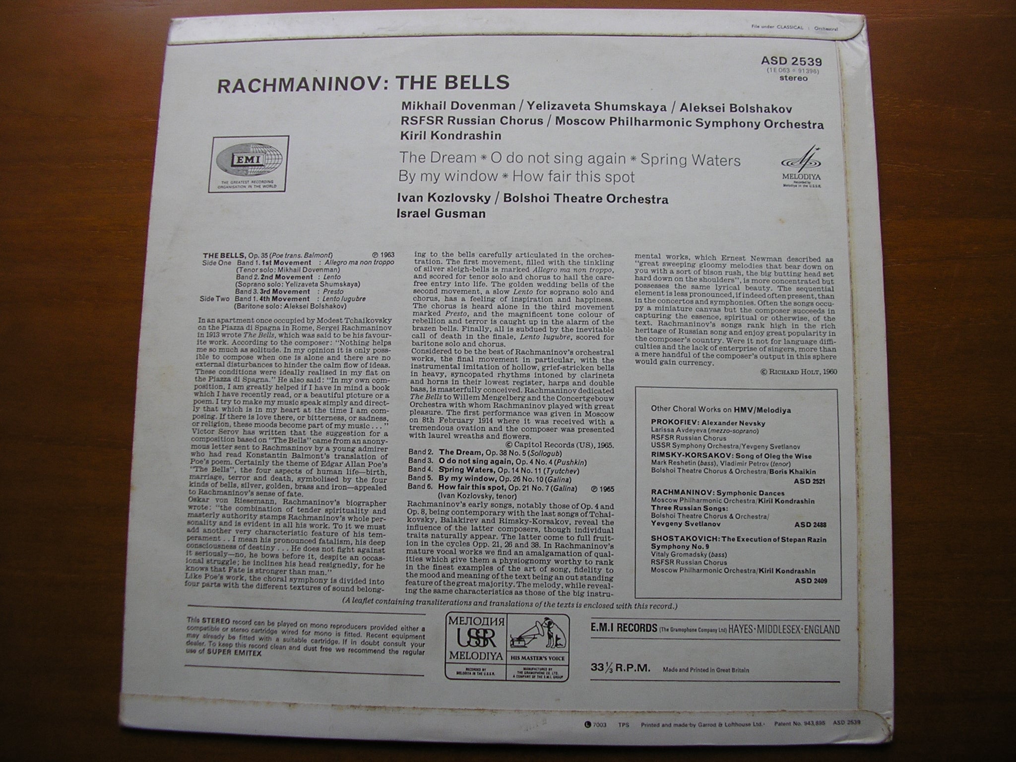 RACHMANINOV: THE BELLS / FIVE SONGS     KOZLOVSKY / SOLOISTS / RSFSR RUSSIAN CHORUS / MOSCOW PHILHARMONIC / KONDRASHIN    ASD 2539