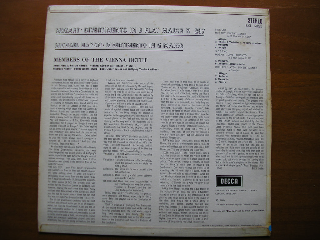 SXL 6055  MOZART: DIVERTIMENTO in B / MICHAEL HAYDN: DIVERTIMENTO in G     MEMBERS OF VIENNA OCTET     ED1